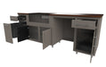 Modular outdoor kitchen island with stainless steel frame, dark cabinetry, wood countertop, open cabinet doors and drawers