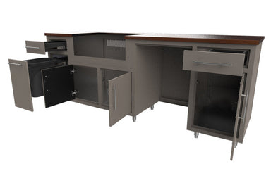 90-inch Coastal outdoor kitchen module in weathered gray with open cabinet doors revealing interior storage