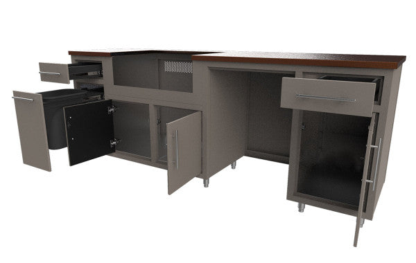 Modular outdoor kitchen island with stainless steel frame, dark cabinetry, wood countertop, open cabinet doors and drawers