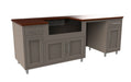 Modular outdoor kitchen with gray cabinetry, dark wood countertop, and stainless steel leg supports