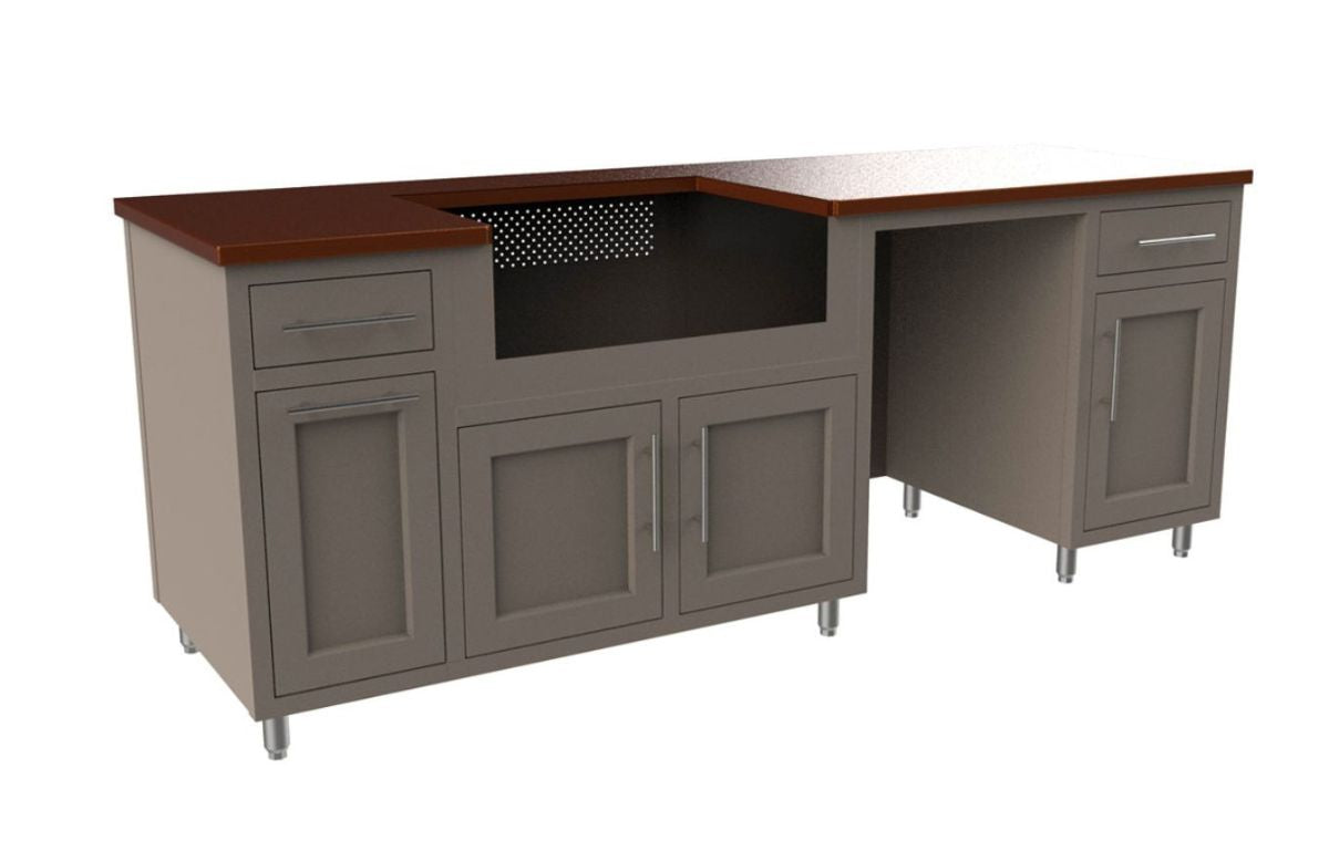 Modular outdoor kitchen with gray cabinetry, dark wood countertop, and stainless steel leg supports