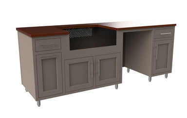 Modular outdoor kitchen with gray cabinetry, dark wood countertop, and stainless steel leg supports
