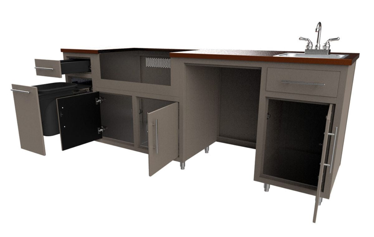 Modular outdoor kitchen with taupe cabinetry, stainless countertop, integrated sink with faucet, grill module, and open stora