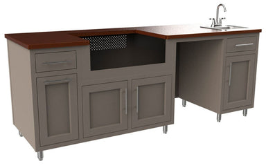 Outdoor kitchen module with gray cabinetry, wood countertop, sink with faucet, grill opening, and storage drawers