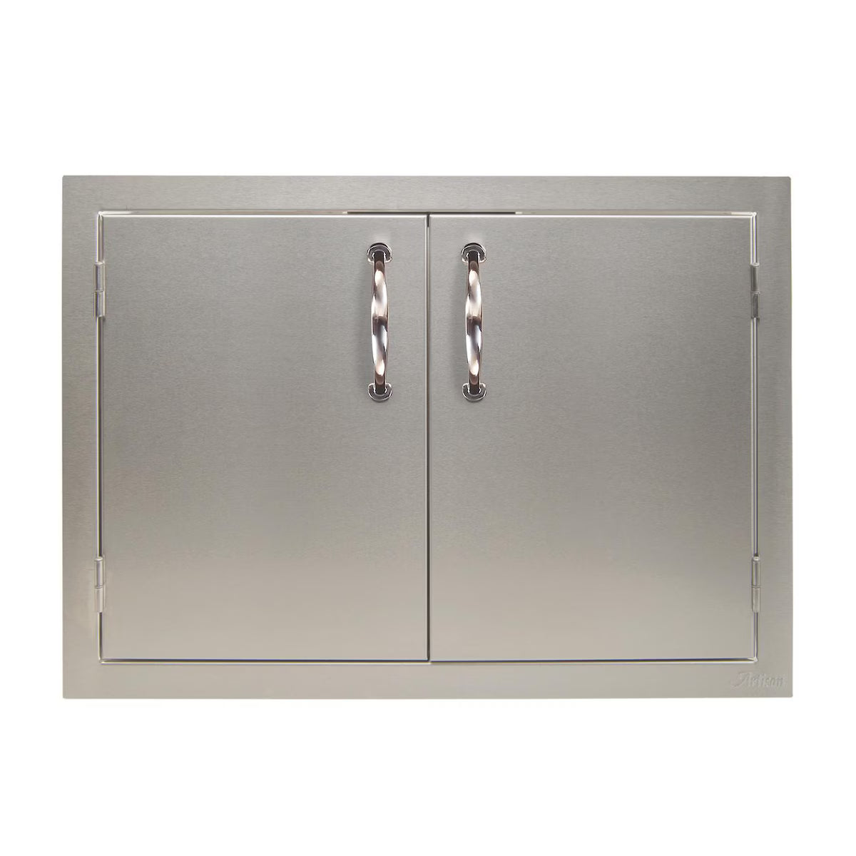 Stainless steel outdoor kitchen double access door with twisted handles and horizontal hinge design