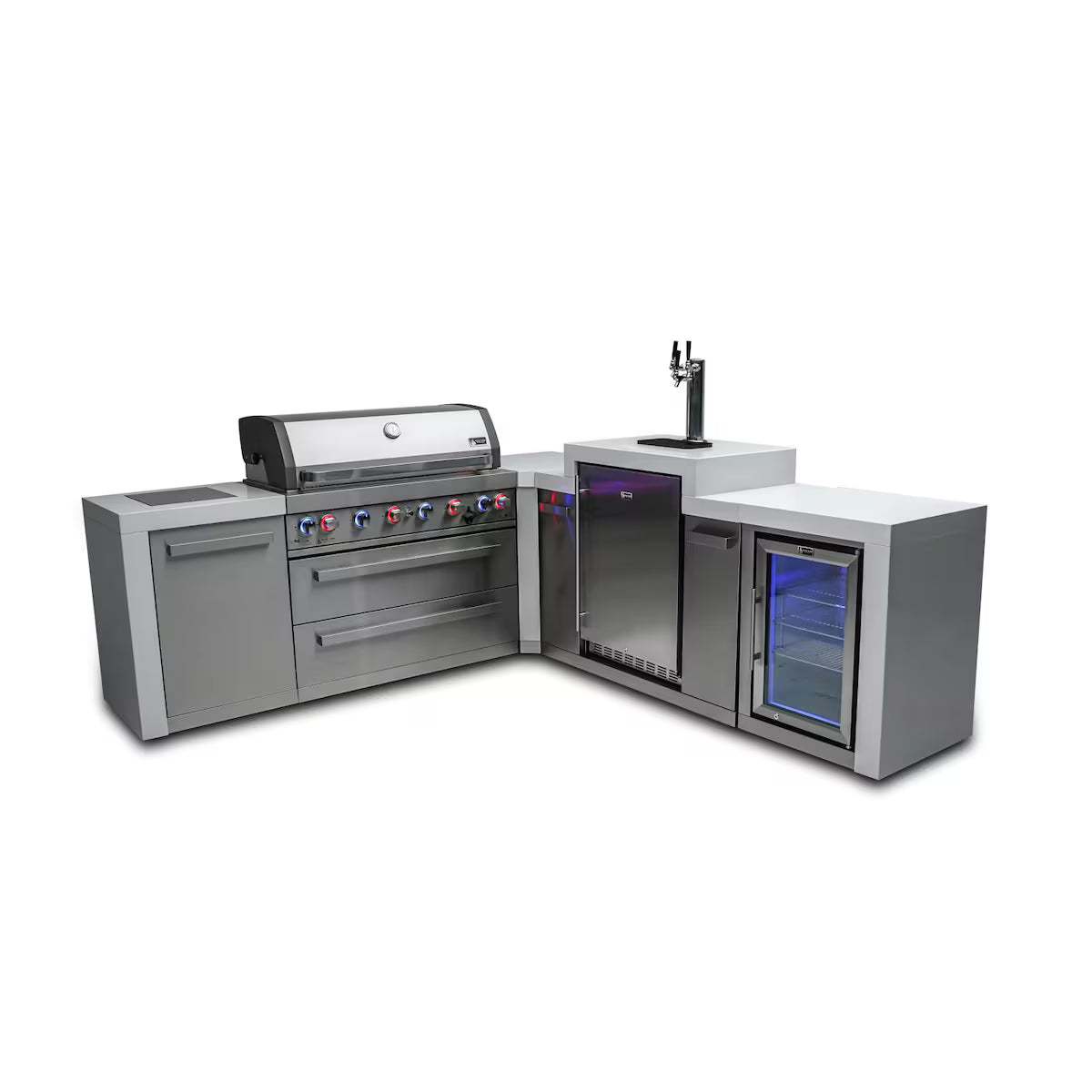 Mont Alpi Deluxe Series 8 Ft L-Shaped Outdoor Kitchen Island w/ Side Burner, Kegerator, & Fridge