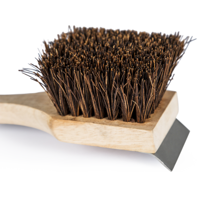 BBQ grill brush with wooden handle, stiff brass bristles, and metal scraper attachment
