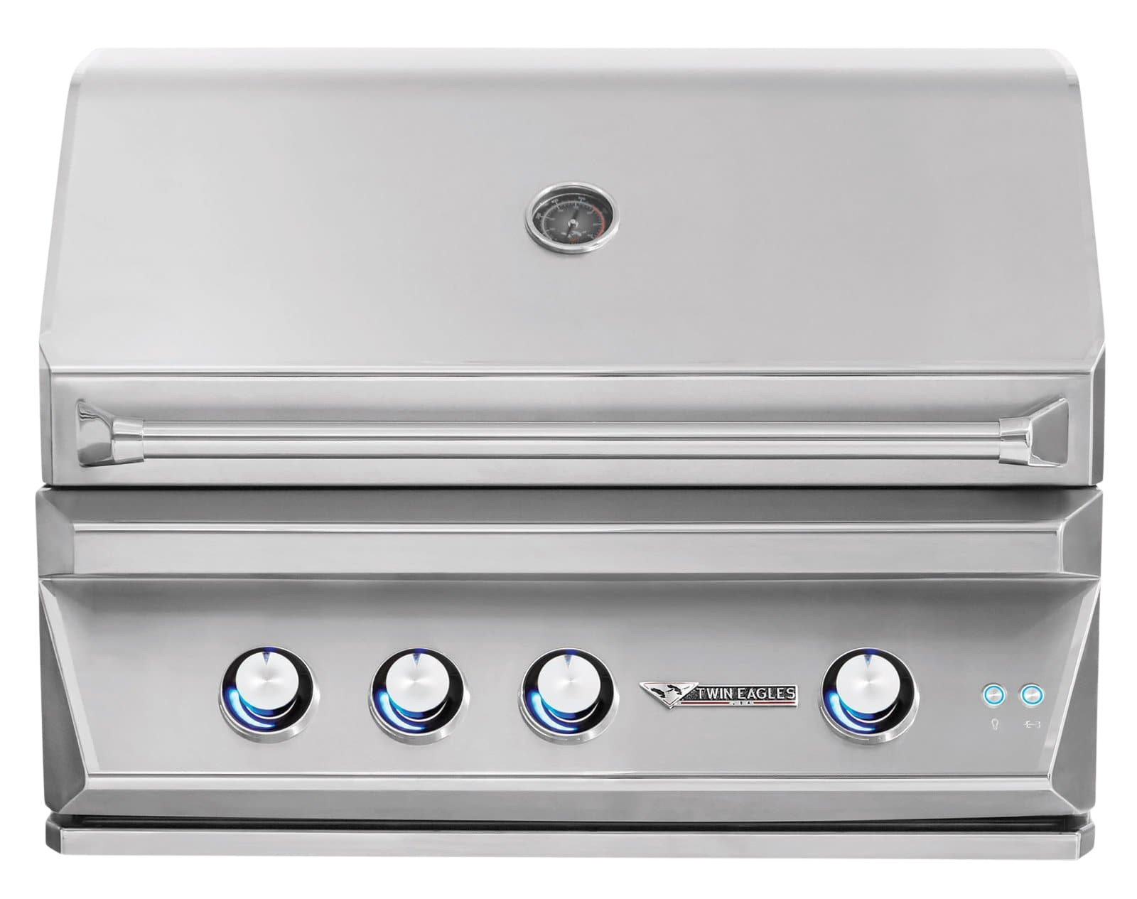 Twin Eagles stainless steel built-in gas grill with 4 burners, hood thermometer, and control knobs